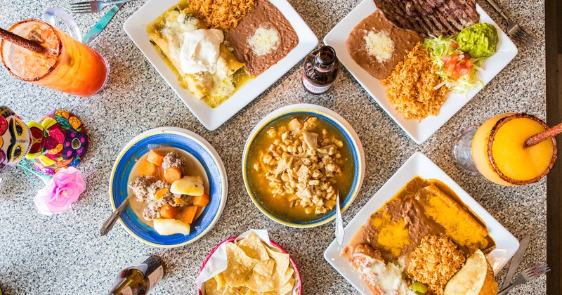 Assorted dishes and drinks, top view