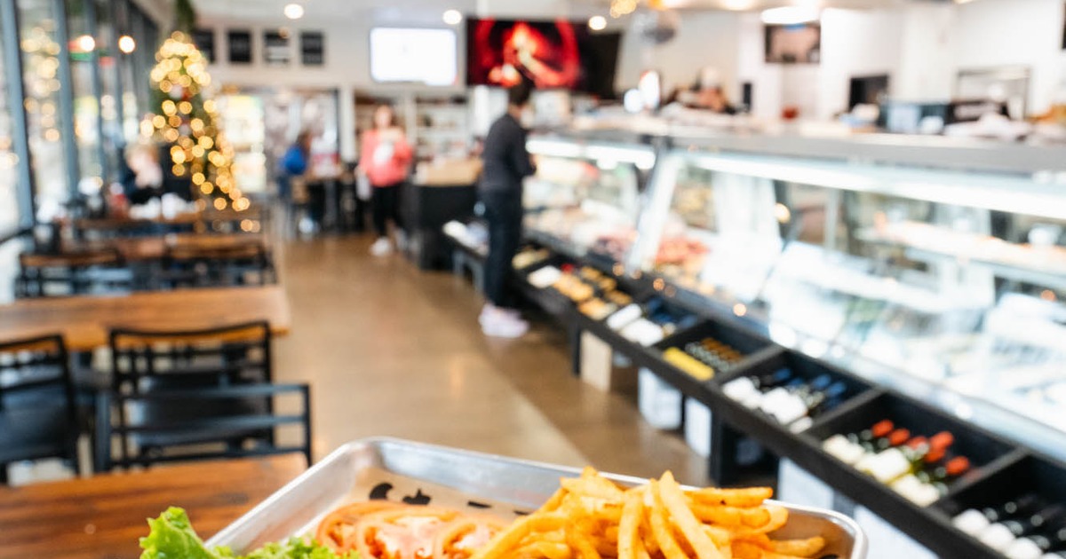 Food on a tray, restaurant's interior