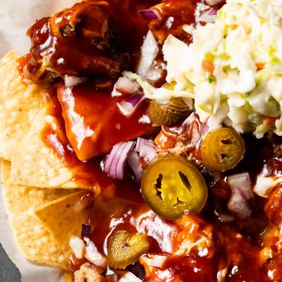 Loaded nachos, close-up.