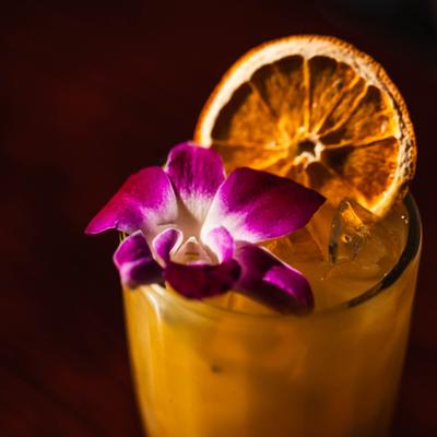 Paradise cocktail garnished with dried orange wheel and a flower.