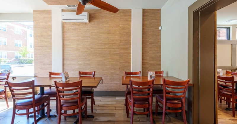 Interior, empty tables and seats