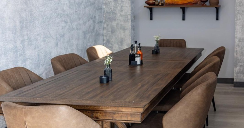 Large wooden table for eight guests, close up