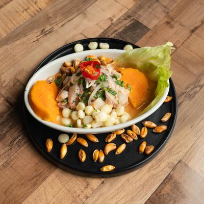 Wild Atlantic grouper, spicy rocoto, leche de tigre.