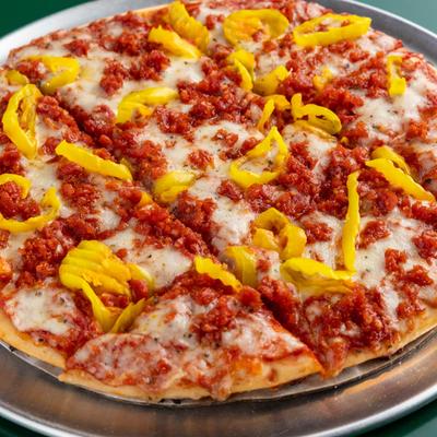 Veggie pizza with banana peppers.