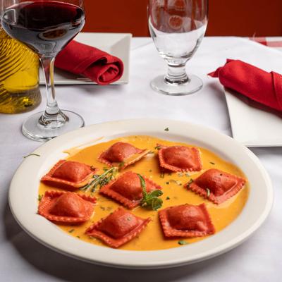 Lobster Ravioli, with creamy pink sauce.