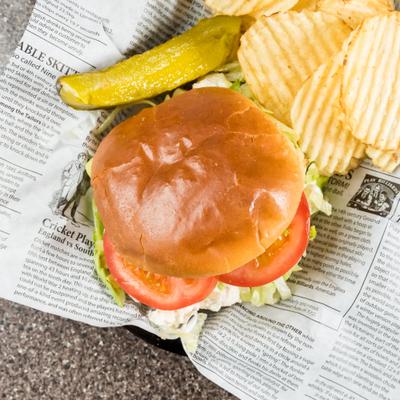 Burger and potato chips.