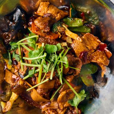 Stir fried chicken and beef.