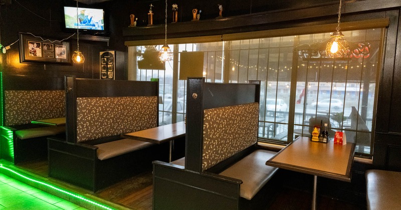 Interior seating area with double booths and tables