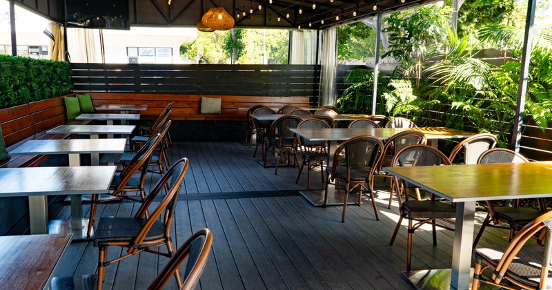Exterior, covered patio with chairs and tables