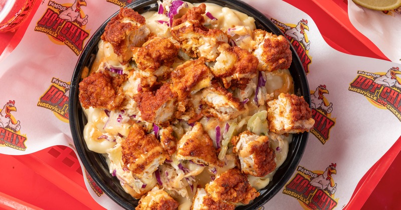 Mac and Cheese topped with fired chicken