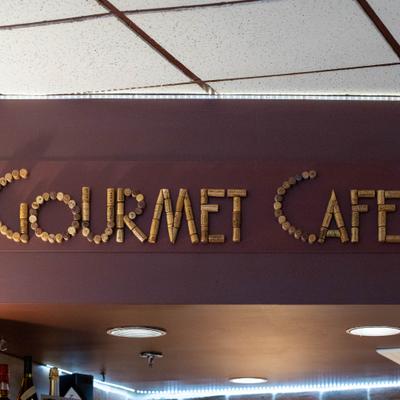 Restaurant interior sign made of wine corks.