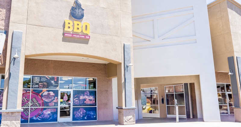 Exterior, front view, entrance to restaurant