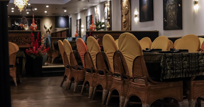 Interior, dining area, long table setup for twelve