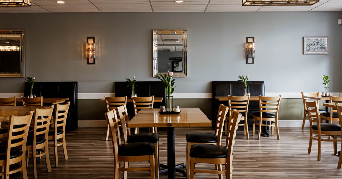 Inside, dining tables, chairs, decoration