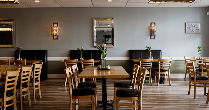 Inside, dining tables, chairs, decoration