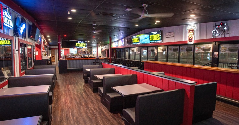 Interior seating area with lined-up upholstered booths