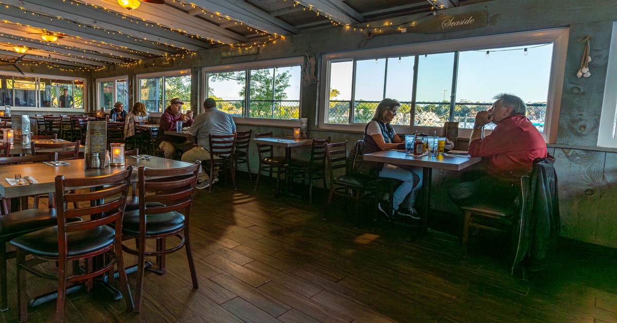 Covered patio, dining area, customers eating and drinking