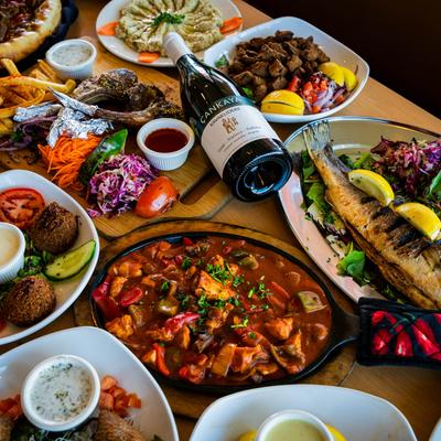 An assortment of dishes, top view.