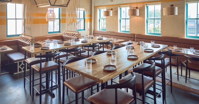Diner area, tables and chairs, wide view