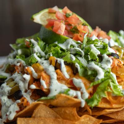 Close up of loaded nachos.