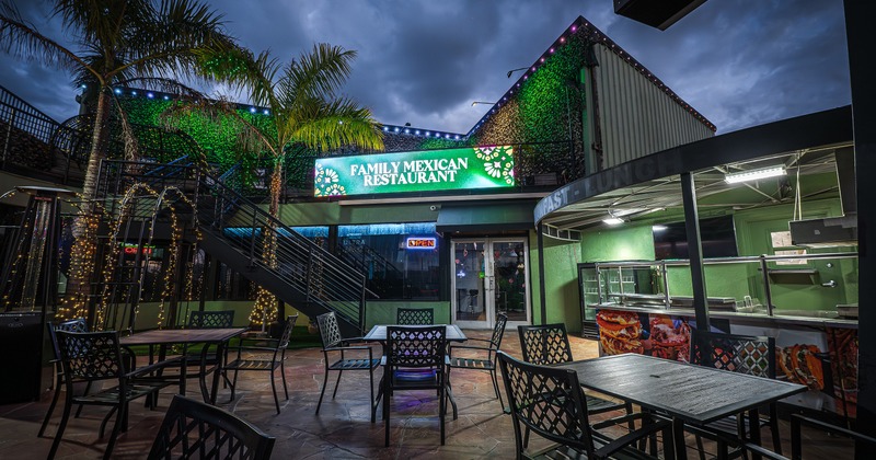 Outdoor seating area at night