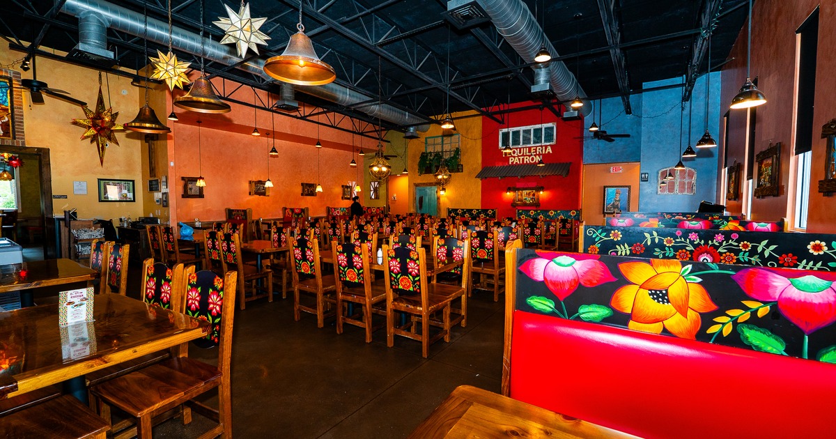 Diner area, tables, chairs, wide view