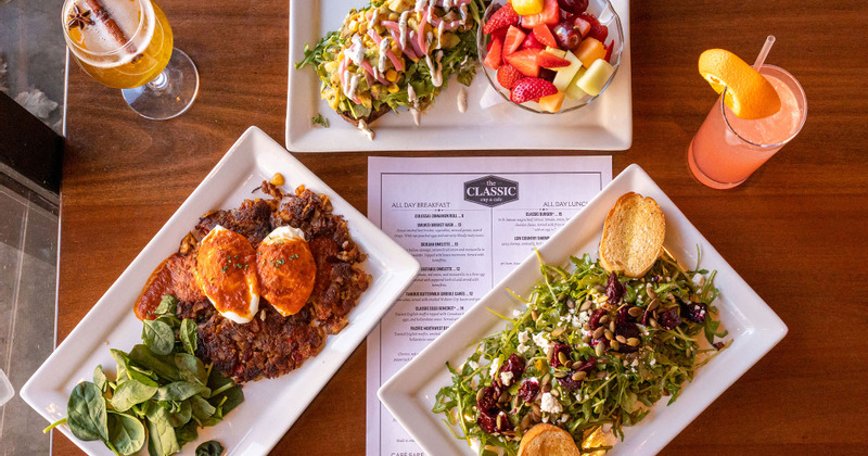 Assorted dishes, served, top view