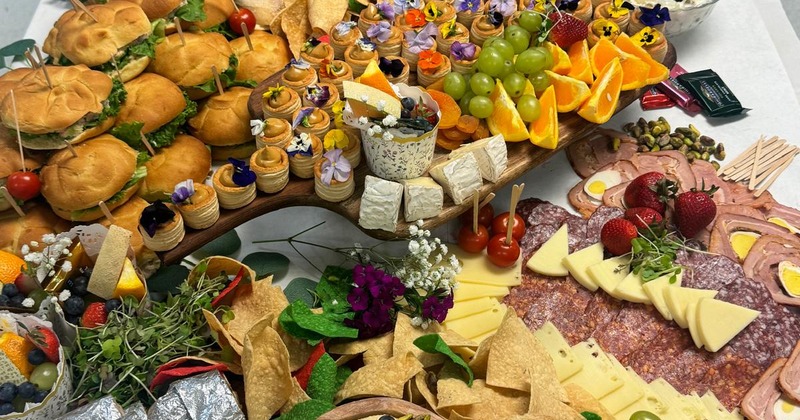 Catering tray with chicken salad, top view