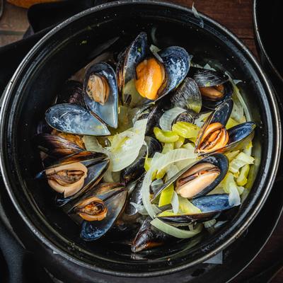 Mussels steamed with white wine.