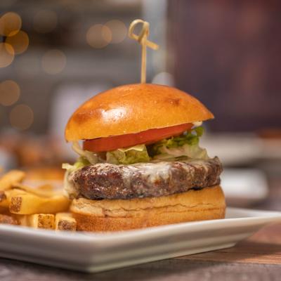 Burger with fries on a plate.