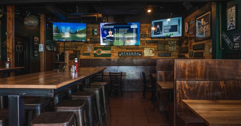 Interior, wooden booths and tables