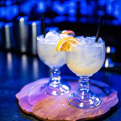 Cocktails on a bar counter.