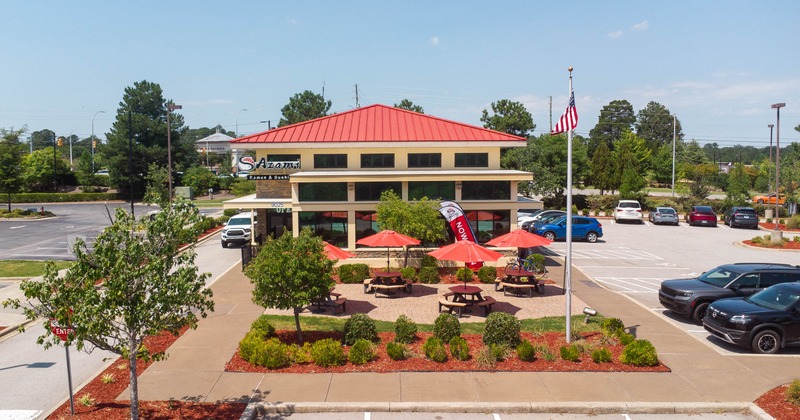 Exterior, wide view to retaurant, aerial shot