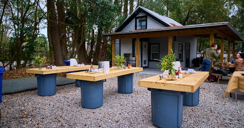 Exterior area, long tables for guests