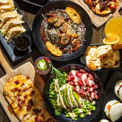 Assorted dishes on table, top view