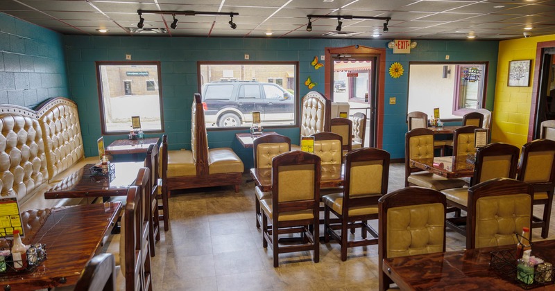 Interior, tables, chairs and sitting booths