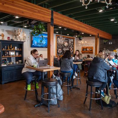 Interior, customers in a seating area.