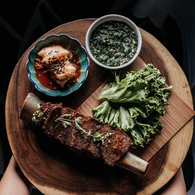 KOREAN SHORT RIB/lettuce cup, kimchi, thai mojo.