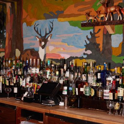 Assorted liquor bottles.