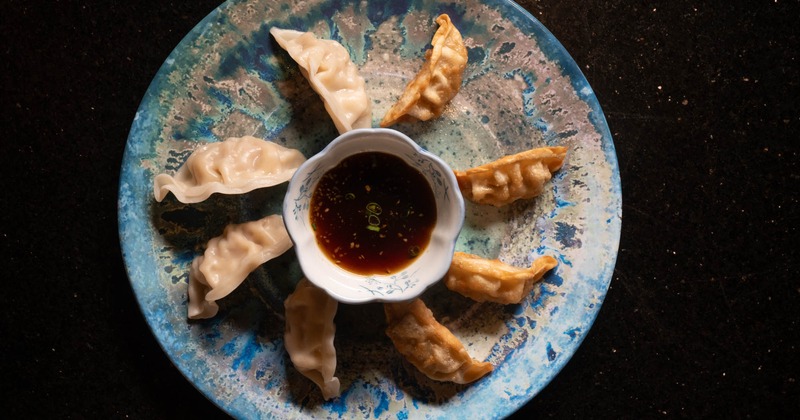 Steamed fired dumplings, top view