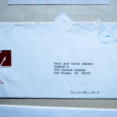 An old envelope from July 1984 addressed to Paul and Carol Dobson