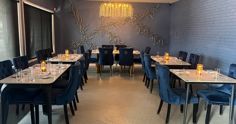 Elegant and cozy interior dining area with set tables