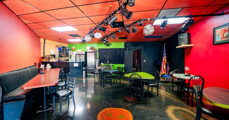 Interior, tables ready for guests