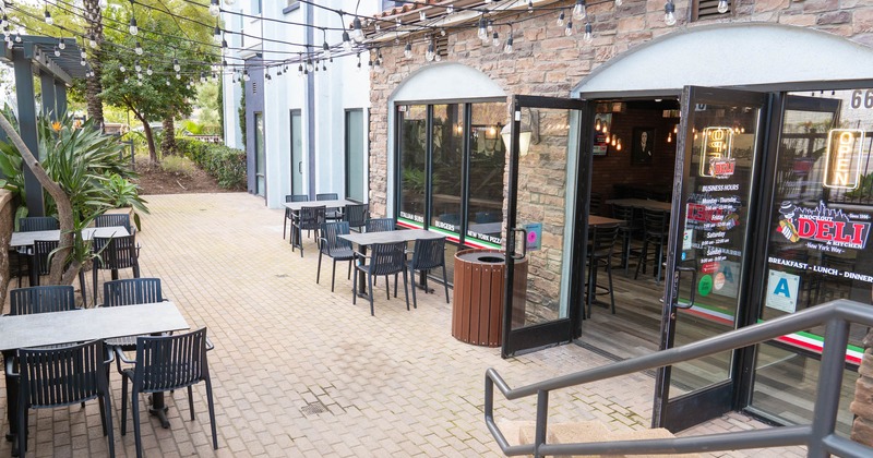 Exterior seating area, string lights