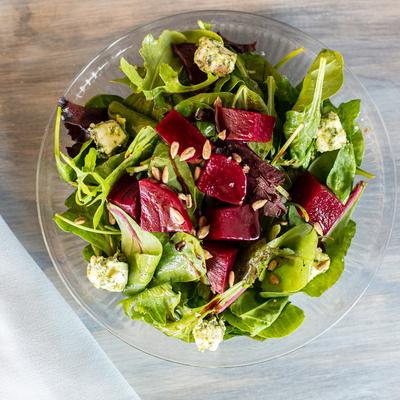 Ruby Beet Salad	 Beets, marinated feta cheese, greens, balsamic Vinaigrette sunflower seeds and pomegranate glaze.