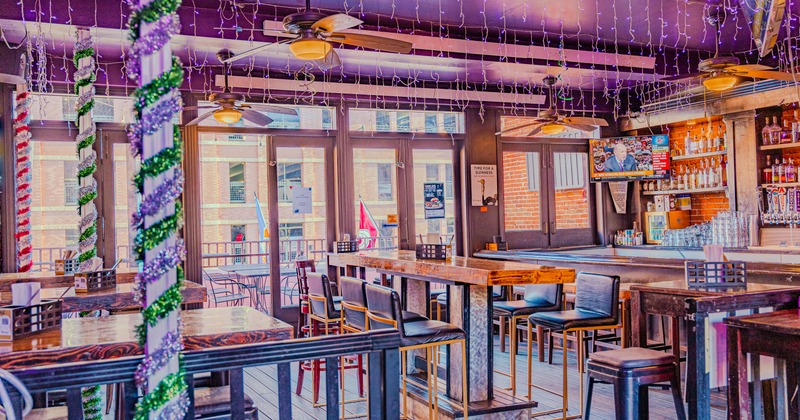 Interior, bright and colorful bar and dining area