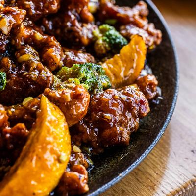Orange chicken, served, closeup