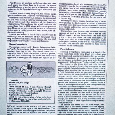 An old newspaper clipping with a restaurant review of Dobson's restaurant
