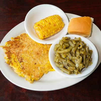 Veggie plate with squash patties, green beens.