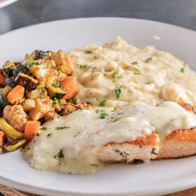 Grilled salmon and mashed potatoes.